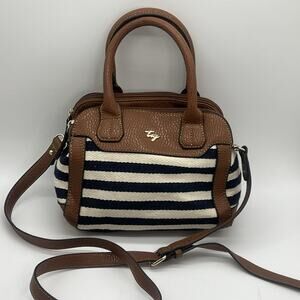 Tig Crossbody Purse Handbag Navy & Cream Stripe with Brown Leather Small Gold